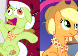 Size: 523x378 | Tagged: safe, derpibooru import, edit, edited screencap, screencap, applejack, granny smith, scootaloo, sweetie belle, earth pony, pony, the big mac question, the last problem, applejack's hat, cowboy hat, cropped, faic, granny smith's scarf, hat, implied death, lowres, older, older applejack, ponyville, sitting, smiling, the magic of friendship grows