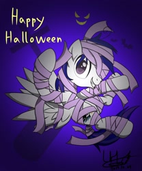 Size: 1280x1536 | Tagged: safe, artist:livehotsun, oc, oc only, oc:hotsun, pegasus, pony, clothes, costume, grin, male, mummy, mummy costume, nightmare night, nightmare night costume, smiling, solo, stallion