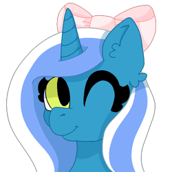 Size: 768x768 | Tagged: safe, artist:racheldragon21, oc, oc:fleurbelle, alicorn, pony, alicorn oc, bow, cute, female, golden eyes, hair bow, mare, one eye closed, wink