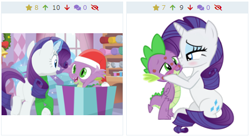 Size: 483x264 | Tagged: safe, artist:georgegarza01, artist:porygon2z, rarity, spike, dragon, pony, unicorn, christmas, christmas gift, cute, derpibooru, female, hat, hearth's warming eve, holiday, kiss mark, kissing, lipstick, male, meta, present, santa hat, shipping, show accurate, simple background, sparity, straight, surprised, transparent background, vector