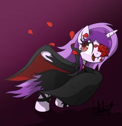 Size: 1280x1325 | Tagged: safe, artist:livehotsun, oc, oc only, oc:purple eye, pony, undead, unicorn, vampire, vampony, cape, clothes, costume, female, flower, mare, nightmare night, nightmare night costume, solo