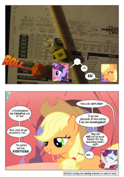 Size: 868x1239 | Tagged: safe, artist:dziadek1990, edit, edited screencap, screencap, applejack, rarity, twilight sparkle, earth pony, pony, unicorn, comic:sunny day, look before you sleep, comic, conversation, dialogue, dungeons and dragons, golden oaks library, library, narration, paper, pen and paper rpg, photo, rpg, screencap comic, slice of life, tabletop game, text