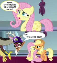 Size: 2000x2246 | Tagged: safe, edit, edited screencap, screencap, applejack, discord, fluttershy, draconequus, earth pony, pegasus, pony, the ending of the end, discord tries to defend himself, exploitable meme, implied twilight sparkle, meme, waluigi