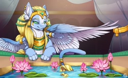 Size: 2048x1254 | Tagged: safe, artist:kez, oc, oc only, oc:art's desire, sphinx, blaze (coat marking), fangs, female, flower, jewelry, regalia, solo, species swap, sphinx oc, sphinxified, spread wings, water, wings