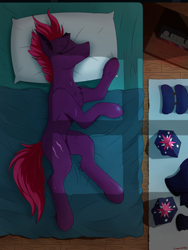 Size: 1500x2000 | Tagged: safe, artist:crimsonwolf360, fizzlepop berrytwist, tempest shadow, pony, unicorn, alarm clock, bed, clock, cute, eye scar, female, mare, missing cutie mark, night, overhead view, royal guard, scar, sleeping, smiling, solo, tempest becomes a royal guard, tempestbetes