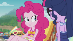 Size: 1920x1080 | Tagged: safe, screencap, feather bangs, pinkie pie, sci-twi, twilight sparkle, better together, equestria girls, friendship math, beach, beach babe, clothes, cute, diapinkes, duo, duo female, female, geode of sugar bombs, glasses, legs, lip bite, magazine, magical geodes, sleeveless, swimsuit