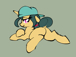 Size: 867x649 | Tagged: safe, artist:masserey, fresh coat, pony, unicorn, backwards ballcap, baseball cap, bedroom eyes, butt, cap, dock, female, hat, looking at you, looking back, looking back at you, mare, plot, prone, smiling, solo