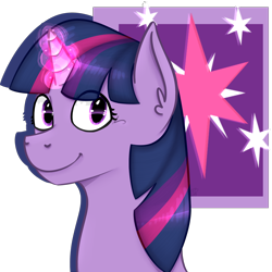 Size: 2000x2000 | Tagged: safe, artist:bennythebunny95, twilight sparkle, unicorn twilight, pony, unicorn, bust, cutie mark background, ear fluff, eye reflection, female, glowing horn, horn, looking at you, mare, reflection, simple background, smiling, solo, transparent background