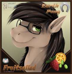 Size: 1249x1281 | Tagged: safe, artist:flareheartmz, oc, oc:fruitsallad, earth pony, pony, bust, cutie mark, male, portrait, solo, stallion