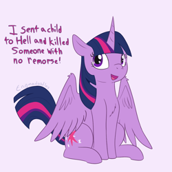 Size: 900x900 | Tagged: safe, artist:enigmadoodles, twilight sparkle, twilight sparkle (alicorn), alicorn, pony, school raze, the beginning of the end, chest fluff, context is for the weak, cute, female, floppy ears, grimcute, implied cozy glow, implied death, implied king sombra, mare, open mouth, out of context, simple background, sitting, smiling, solo, speech, twiabetes, white background