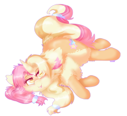 Size: 2300x2120 | Tagged: safe, artist:vanillaswirl6, oc, oc:sunrise, pony, unicorn, :p, art trade, female, fluffy, hair accessory, on side, simple background, tongue out, transparent background