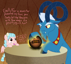 Size: 1000x900 | Tagged: safe, artist:enigmadoodles, cozy glow, grogar, pegasus, pony, the beginning of the end, bow, cloven hooves, crystal ball, duo, evil lair, female, filly, grogar's lair, grogar's orb, hair bow, implied death, implied king sombra, lair, looking at each other, male, open mouth, ram, speech