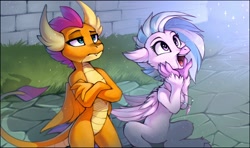 Size: 1616x954 | Tagged: safe, artist:ramiras, silverstream, smolder, classical hippogriff, dragon, hippogriff, uprooted, crossed arms, cute, diastreamies, dragoness, duo, excited, female, happy, looking up, open mouth, smolderbetes, unamused, unimpressed, varying degrees of want