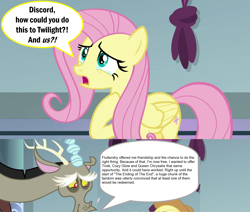 Size: 1995x1689 | Tagged: safe, edit, edited screencap, screencap, applejack, discord, fluttershy, draconequus, earth pony, pegasus, pony, the ending of the end, discord tries to defend himself, exploitable meme, meme