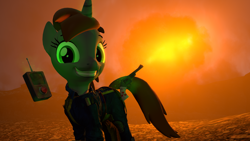 Size: 1920x1080 | Tagged: safe, artist:marianokun, oc, oc only, oc:littlepip, pony, unicorn, fallout equestria, 3d, atomic bomb, crazy face, explosion, faic, gun, handgun, happy, little macintosh, nuclear explosion, nuclear weapon, pda, revolver, source filmmaker, weapon