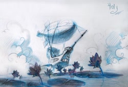 Size: 900x611 | Tagged: safe, artist:holivi, airship, blimp, cloud, monochrome, no pony, signature, sketch, traditional art, tree