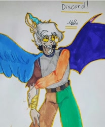 Size: 492x594 | Tagged: safe, discord, human, horn, horned humanization, humanized, male, solo, traditional art, winged humanization, wings