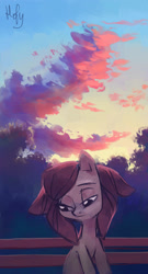 Size: 1868x3448 | Tagged: safe, artist:holivi, oc, oc only, oc:holivi, earth pony, pony, cloud, looking down, park bench, sad, signature, solo, sunset