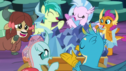 Size: 1920x1080 | Tagged: safe, screencap, gallus, ocellus, sandbar, silverstream, smolder, yona, changedling, changeling, classical hippogriff, dragon, earth pony, griffon, hippogriff, pony, yak, uprooted, bow, cloven hooves, colored hooves, dragoness, female, hair bow, jewelry, male, monkey swings, necklace, student six, teenager