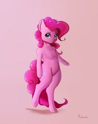 Size: 2657x3363 | Tagged: safe, artist:miokomata, pinkie pie, earth pony, pony, semi-anthro, belly button, chest fluff, female, mare, simple background, solo