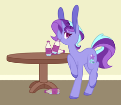 Size: 3444x2972 | Tagged: safe, artist:connorbal, oc, oc:comet lark, pony, unicorn, bottle, female, mare, solo, table