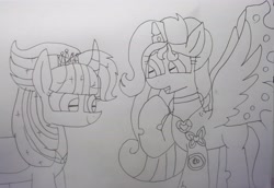 Size: 4347x2992 | Tagged: safe, artist:徐詩珮, oc, oc:bubble sparkle, oc:lovebug (ice1517), alicorn, changepony, hybrid, alicorn oc, female, icey-verse, interspecies offspring, lineart, magical lesbian spawn, mare, multiple parents, next generation, offspring, parent:glitter drops, parent:princess cadance, parent:queen chrysalis, parent:spring rain, parent:tempest shadow, parent:twilight sparkle, parents:cadalis, parents:glittershadow, parents:sprglitemplight, parents:springdrops, parents:springshadow, traditional art