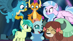 Size: 1920x1080 | Tagged: safe, screencap, gallus, ocellus, sandbar, silverstream, smolder, yona, dragon, earth pony, griffon, hippogriff, pony, yak, uprooted, dragoness, female, male, paws, student six, wings