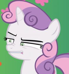 Size: 232x250 | Tagged: safe, edit, edited screencap, screencap, scootaloo, sweetie belle, pony, unicorn, the big mac question, cropped, disgusted, female, filly, offscreen character, solo