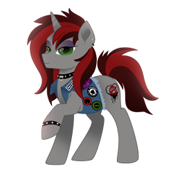 Size: 5000x5000 | Tagged: safe, artist:lostinthetrees, oc, oc:genre savvy, pony, unicorn, anarchy, black sabbath, clothes, collar, female, heavy metal, mare, motorhead, nine inch nails, queens of the stone age, simple background, solo, transparent background, type o negative, vest, wristband