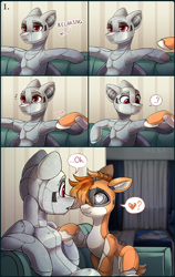 Size: 2520x3978 | Tagged: safe, artist:trickate, oc, oc only, oc:dorn, oc:kiva, pony, robot, robot pony, comic:special attention, bed, comic, hair over one eye, kirn, lidded eyes, looking at each other, oc x oc, pictogram, question mark, shipping, sitting, sofa