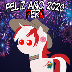 Size: 960x960 | Tagged: safe, artist:archooves, oc, oc only, oc:princess peruvia, alicorn, pony, 2020, alicorn oc, female, fireworks, happy new year, hat, holiday, mare, nation ponies, peru, pointy ponies, ponified, smiling, solo, spanish
