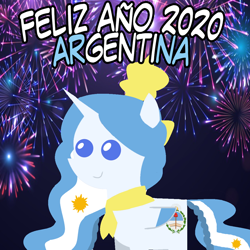 Size: 960x960 | Tagged: safe, artist:archooves, oc, oc only, oc:princess argenta, alicorn, pony, 2020, alicorn oc, argentina, female, fireworks, happy new year, holiday, mare, nation ponies, pointy ponies, ponified, smiling, solo, spanish