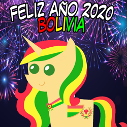 Size: 960x960 | Tagged: safe, artist:archooves, oc, oc only, oc:kantuta (miski' hooves), alicorn, pony, 2020, alicorn oc, bolivia, female, fireworks, happy new year, holiday, mare, nation ponies, pointy ponies, ponified, smiling, solo, spanish