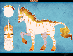 Size: 1257x958 | Tagged: safe, artist:bijutsuyoukai, oc, oc only, hybrid, pony, zebra, zebroid, zony, colored hooves, curved horn, forked tongue, horn, leonine tail, magical lesbian spawn, offspring, parent:daybreaker, parent:zecora, raised hoof, reference sheet, solo