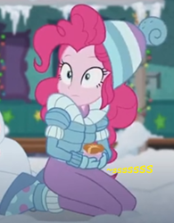 Size: 304x389 | Tagged: safe, artist:thedarkpony, edit, edited screencap, screencap, pinkie pie, equestria girls, equestria girls series, holidays unwrapped, spoiler:eqg series (season 2), clothes, cropped, female, implied pissing, implied urine, implied wetting, onomatopoeia, pee edit, solo, winter outfit