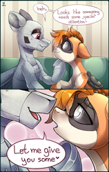 Size: 2520x3978 | Tagged: safe, artist:trickate, oc, oc only, oc:dorn, oc:kiva, pony, robot, robot pony, comic:special attention, bedroom eyes, comic, dialogue, faceless male, imminent kissing, kirn, lidded eyes, male, oc x oc, offscreen character, shipping, sitting, smiling, sofa