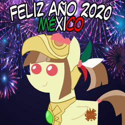 Size: 960x960 | Tagged: safe, artist:archooves, oc, oc only, oc:tailcoatl, pegasus, pony, 2020, female, fireworks, happy new year, holiday, mare, mexico, nation ponies, pointy ponies, ponified, smiling, solo, spanish