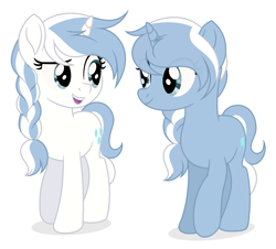 Size: 2527x2286 | Tagged: safe, artist:rioshi, artist:starshade, oc, oc only, oc:coldsnap, oc:frostbite, pony, unicorn, braid, duo, eye contact, female, looking at each other, mare, siblings, simple background, sisters, twin sisters, twins, white background