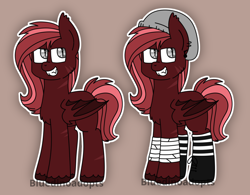 Size: 1262x986 | Tagged: safe, artist:bluedinoadopts, oc, oc only, oc:skarlet record, bat pony, pony, androgynous, bandage, beanie, boots, brown background, chest fluff, clothes, ear fluff, ear piercing, earring, fangs, hat, jewelry, nonbinary, piercing, scar, shoes, simple background, socks, solo, striped socks, unshorn fetlocks