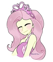 Size: 900x1049 | Tagged: safe, artist:h0matsu, fluttershy, better together, choose your own ending, costume conundrum, costume conundrum: rarity, equestria girls, clothes, cute, dress, eyes closed, jewelry, princess fluttershy, shyabetes, simple background, sleeveless, solo, tiara, white background