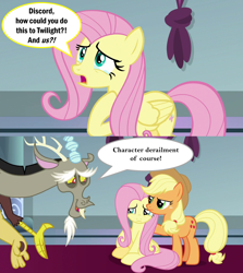 Size: 2000x2246 | Tagged: safe, edit, edited screencap, screencap, applejack, discord, fluttershy, earth pony, pegasus, pony, the ending of the end, angry, caption, character derailment, comic, crying, discord drama, discord tries to defend himself, exploitable meme, image macro, meme, screencap comic, series finale drama, sheepish grin, speech bubble, text