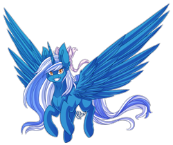 Size: 1936x1626 | Tagged: safe, artist:draawyourdreams, oc, oc:fleurbelle, alicorn, pony, alicorn oc, bow, female, flying, golden eyes, hair bow, happy, long hair, long mane, long tail, mare, ribbon, smiling, wings