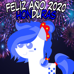 Size: 960x960 | Tagged: safe, artist:archooves, oc, oc only, oc:honduras, earth pony, pony, 2020, female, fireworks, happy new year, holiday, honduras, mare, nation ponies, pointy ponies, ponified, smiling, solo, spanish