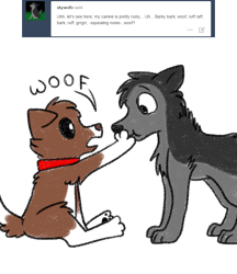 Size: 800x926 | Tagged: safe, artist:askwinonadog, winona, oc, dog, wolf, ask, ask winona, duo, hand over mouth, simple background, tumblr, white background, woof