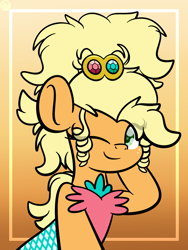 Size: 1536x2048 | Tagged: safe, artist:kimjoman, applejack, earth pony, pony, alternate hairstyle, applejewel, clothes, cute, dress, jackabetes, one eye closed, orange background, pose, simple background, smiling, solo, wink