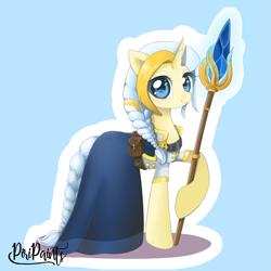 Size: 2733x2733 | Tagged: safe, artist:piripaints, pony, unicorn, blizzard entertainment, blue background, braid, braided tail, clothes, crossover, dress, female, hoof hold, jaina proudmoore, looking at you, mage, mare, ponified, raised hoof, simple background, smiling, solo, staff, video game, warcraft, weapon, white hair, wizard, world of warcraft