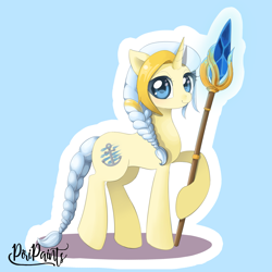 Size: 2733x2733 | Tagged: safe, artist:piripaints, pony, unicorn, blizzard entertainment, blue background, braid, braided tail, crossover, female, hoof hold, jaina proudmoore, looking at you, mage, mare, ponified, raised hoof, raised leg, simple background, smiling, solo, staff, video game, warcraft, weapon, white hair, wizard, world of warcraft