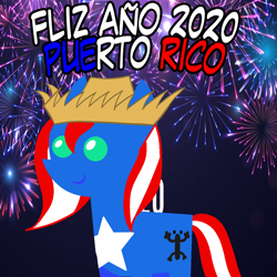 Size: 960x960 | Tagged: safe, artist:archooves, oc, oc only, oc:taina, earth pony, pony, 2020, female, fireworks, happy new year, hat, holiday, mare, nation ponies, pointy ponies, ponified, puerto rico, smiling, solo, spanish
