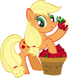 Size: 866x944 | Tagged: safe, alternate version, applejack, earth pony, pony, female, food, mare, pomegranate, simple background, solo, transparent background