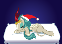 Size: 3523x2483 | Tagged: safe, artist:efernothedragon, derpibooru exclusive, rain shine, kirin, do princesses dream of magic sheep, christmas, cute, daaaaaaaaaaaw, hat, holiday, large pillow, santa hat, shineabetes, sleeping, solo, vector, vector trace